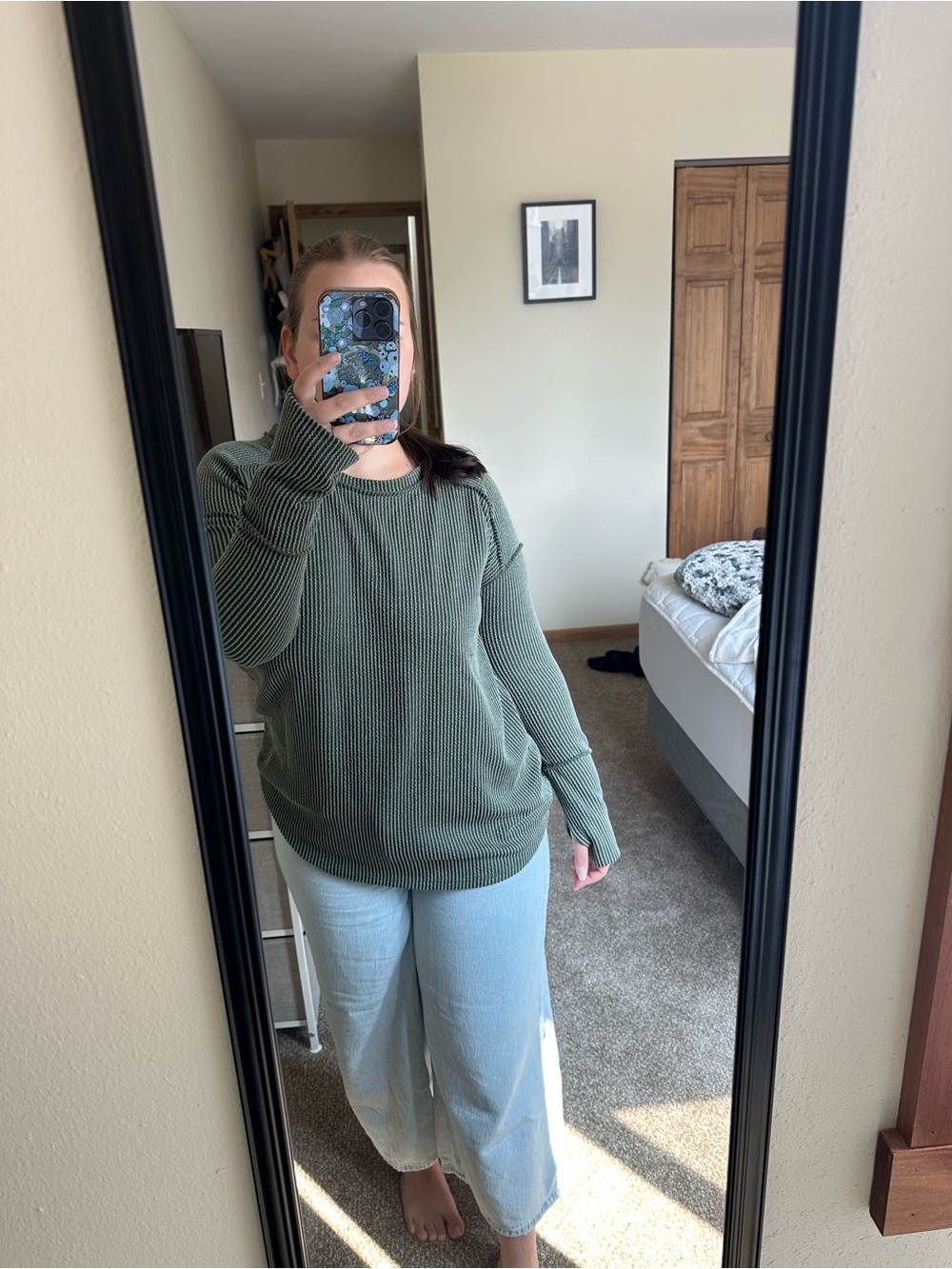 Women’s Olive Green Waffle Knit Pullover Sweater